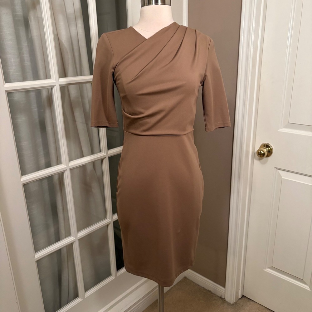 Chloé Kristyn Bianca‎ Dress XS Camel Brown Sheath Pleated Bodice Made in USA NWT